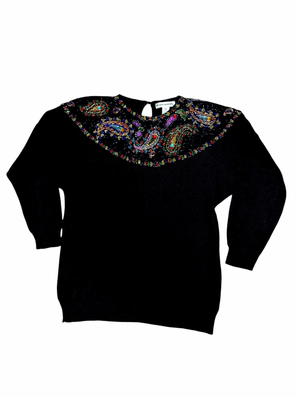 VTG Victoria Harbour Beaded Paisley Sweater Black Ramie Cotton Size M